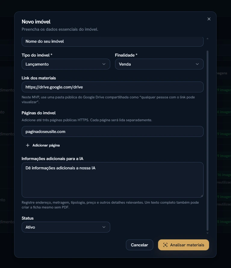 Formulário de cadastro de um imóvel com informações demonstrativas.