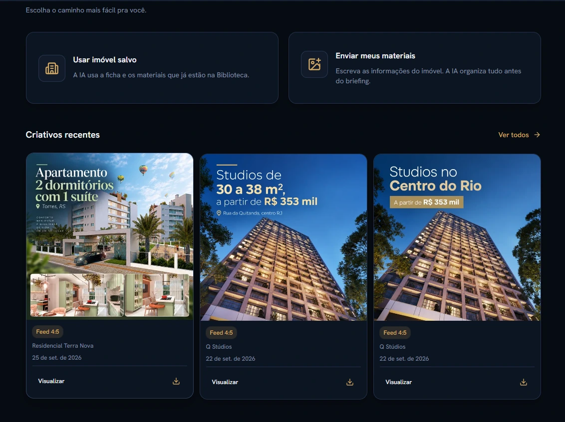 Tela real de início da criação de criativos com imóvel salvo ou envio de materiais.