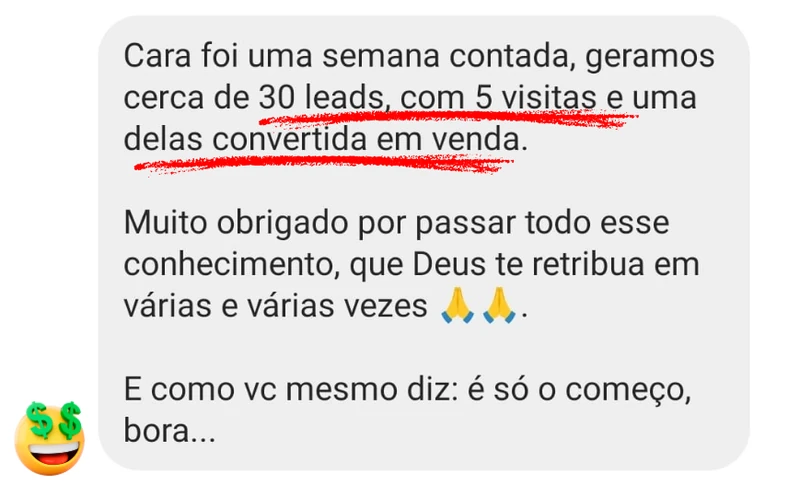 Relato sobre 30 leads, cinco visitas e uma venda em uma semana.