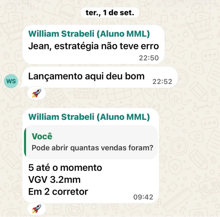Print completo de William: elogio à estratégia, cinco vendas e R$ 3,2 milhões em VGV, em uma operação com dois corretores.